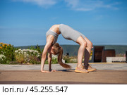 A young woman in a tracksuit performs physical exercises in a summer park. Стоковое фото, фотограф Андрей Аркуша / Фотобанк Лори