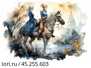 A watercolor illustration of two women on horseback against a pastoral landscape with autumnal tones and a view of an ancient building or temple. One of the women is dressed in a long coat, the other in simpler riding clothes. The illustration conveys a sense of calm, friendship and romance, as well as a historical atmosphere. Soft watercolor colors add lightness and tenderness to the image, creating an atmosphere of nostalgia and adventure. Стоковое AI-изображение, AI-художник Анна Кривицкая / Фотобанк Лори