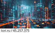 Futuristic digital smart city, digital information transfer, future technologies. Стоковое AI-видео, аниматор Александр Довянский / Фотобанк Лори
