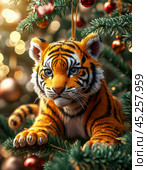 Striped tiger cub on a Christmas tree, colorful Christmas tree toy. New Year's decor. Festive New Year's atmosphere. Стоковое AI-изображение, AI-художник Сергей Елизарьев / Фотобанк Лори