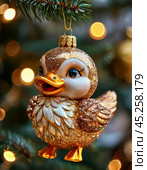 Clumsy duckling on a Christmas tree, bright Christmas tree toy. New Year's decor. Festive New Year's atmosphere. Стоковое AI-изображение, AI-художник Сергей Елизарьев / Фотобанк Лори