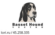 Vector cute kind friendly sad english dog breed Basset Hound with long ears. Doggy portrait. White isolated background. Стоковая иллюстрация, иллюстратор GAlexS / Фотобанк Лори