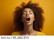 extremely whim Upset black curly haired young girl screaming and crying or or very emotional expression sings songs with opened mouth and closed eyes against color wall. Стоковое AI-изображение, AI-художник Sergey Grishin / Фотобанк Лори