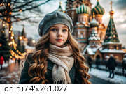 Portrait of a little girl in a warm jacket and hat walking through the winter streets of the city, close-up of her face. The winter season. Стоковое AI-изображение, AI-художник Photojuli / Фотобанк Лори