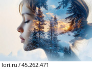 Профиль юной девушки, двойная экспозиция, зимний лес, пейзаж. Стоковое AI-изображение, AI-художник Щеголева Ольга / Фотобанк Лори