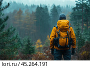 The photograph shows a man in a bright yellow jacket with a large backpack, standing with his back to the camera in an autumn forest. The photo conveys an atmosphere of solitude and tranquility, as the forest is shrouded in fog, and in the background you can see green and yellow trees in the rain. The picture is perfect for illustrating active recreation, tourism and hiking. Стоковое AI-изображение, AI-художник Анна Кривицкая / Фотобанк Лори