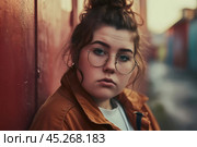 Ugly Young plus size woman wearing casual clothes and glasses sad expression on face. Apathy, depression, bulling, harassments concept. Social problem of fat people. Стоковое AI-изображение, AI-художник Sergey Grishin / Фотобанк Лори