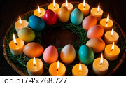 Easter evening. Yellow and red candles and colorful eggs, festive and cozy vibes. Candles all lit up and placed in circular pattern. Concept of Pascha, Resurrection Sunday, Christian cultural holiday. Стоковое AI-изображение, AI-художник Sergey Grishin / Фотобанк Лори