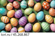 Group of colorful easter eggs laid on blanket. Multi colored easter eggs against bright wool blanket background. Concept of family traditions, Pascha, Resurrection Sunday, Christian cultural holiday. Стоковое AI-изображение, AI-художник Sergey Grishin / Фотобанк Лори