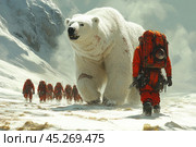 A group of explorers in bright orange protective suits moving through a snowy landscape in arctic conditions. Among them, a huge polar bear stands out, walking alongside them, creating a contrast between the majestic animal and the modern technological equipment of the people. The arctic mountains in the background add an epic and isolated feel to the picture. The bear looks powerful and intimidating, with visible battle scars on its fur, emphasizing the harshness of nature. The entire scene is immersed in cold tones, adding to the atmosphere of extreme exploration. Стоковое AI-изображение, AI-художник Анна Кривицкая / Фотобанк Лори