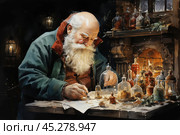 An elderly man with a thick grey beard, reminiscent of Santa Claus, in a cozy room lit by the warm glow of a fireplace and candles. He is working intently at a table covered with many glass jars, phials and flasks containing various herbs, spices and potions. His face expresses deep concentration, as if he is busy preparing or researching some magical potion or tincture. The atmosphere suggests old traditions, alchemy or witchcraft, conveying a sense of mystery and Christmas magic. Стоковое AI-изображение, AI-художник Анна Кривицкая / Фотобанк Лори
