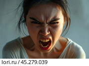 Screaming, hate, rage. Crying emotional angry caucasian woman screaming, yelling on gray studio background. Emotional, young face. Female close up portrait. Human emotions, facial expression concept. Стоковое AI-изображение, AI-художник Sergey Grishin / Фотобанк Лори