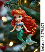 Cute Little Mermaid on the Christmas tree, bright Christmas tree toy. New Year's decor. Festive New Year's atmosphere. Стоковое AI-изображение, AI-художник Сергей Елизарьев / Фотобанк Лори
