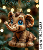 Cute baby mammoth on a Christmas tree, bright Christmas tree toy. New Year's decor. Festive New Year's atmosphere. Стоковое AI-изображение, AI-художник Сергей Елизарьев / Фотобанк Лори