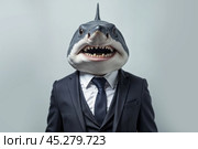 Fierce and toothy shark in a businessman's suit. Стоковое AI-изображение, AI-художник Дмитрий Киселёв / Фотобанк Лори
