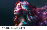 Vibrant Woman Flaunting Colorful Hair in a Whimsical and Bold Fashion Statement. Стоковое AI-изображение, AI-художник Sergey Grishin / Фотобанк Лори