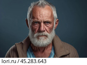 Senior man with grey hair standing over isolated background skeptic and nervous, frowning upset because of problem. negative emotions. Extremely Sulking Caucasian senior man, half body portrait. Стоковое AI-изображение, AI-художник Sergey Grishin / Фотобанк Лори