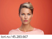 Fashion portrait of beautiful caucasian young woman isolated on colorful studio background. Complicated girl looks puzzled, frowning, sulking while thinking, makes decision, feel suspicious disbelief. Стоковое AI-изображение, AI-художник Sergey Grishin / Фотобанк Лори