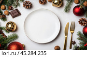 White empty dinner plate on Elegant Festive Table Setting. Beautiful Holiday Decor for Celebrations. Chic plate arrangement adorned a gold accents and winter decoration. Top view, flat lay, copy space. Стоковое AI-изображение, AI-художник Марина Демидюк / Фотобанк Лори