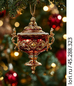 Pot-bellied Tula samovar, bright Christmas tree toy. New Year's decor. Festive New Year's atmosphere. Стоковое AI-изображение, AI-художник Сергей Елизарьев / Фотобанк Лори