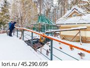 Великий Устюг. Зоопарк на территории Резиденции Деда Мороза. Veliky Ustyug, Russia - March 1, 2024: Zoo in Votchina or home estate of russian Santa Ded Moroz Grandfather Frost in Veliky Ustyug, Vologda region. Редакционное фото, фотограф Елена Серебрякова / Фотобанк Лори