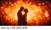 A girl and a guy, hugging, standing against a dark sky with lights in the form of hearts. The blurring from the lights creates the illusion of movement, as if the contours of love are not visible, but you feel it in every moment. warmth of their feelings. Стоковое AI-изображение, AI-художник Ярославский Максим / Фотобанк Лори