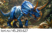Blue Triceratops Dinosaur in Lush Forest. Стоковое AI-изображение, AI-художник Юлия Гапеенко / Фотобанк Лори