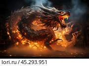 Ferocious fire-breathing dragon with big claws and fangs, a scary mystical creature. Стоковое AI-изображение, AI-художник Станислав Тарко / Фотобанк Лори