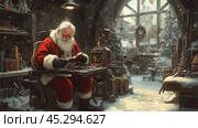 Santa Claus sitting in his workshop surrounded by Christmas decorations, trees and toys. Santa is carefully reading a list or a book, preparing for the holidays. The workshop is decorated with a wreath, and a snowy winter landscape is visible outside the large window. Warm lighting and an abundance of details, such as vintage toys and tools, create an atmosphere of coziness and fairy tales. This image perfectly conveys the spirit of Christmas and the anticipation of holiday miracles. Стоковое AI-изображение, AI-художник Анна Кривицкая / Фотобанк Лори