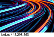 Glowing data cables transferring information. Intertwining wires emit a soft glow, representing the silent dance of information transfer. Blue and orange lights create a dynamic backdrop for high-tech. Стоковое AI-изображение, AI-художник Павел Муравьев / Фотобанк Лори