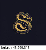 Logo, golden snake on a black background. Стоковое AI-изображение, AI-художник Елена Зубкова / Фотобанк Лори