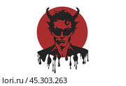 Vector ink black dripping horned graphic satan or devil with glasses on a red circle background. White isolated background. Стоковая иллюстрация, иллюстратор GAlexS / Фотобанк Лори