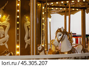 A beautifully designed merrygoround featuring gold and white horses. Стоковое фото, фотограф Аксенова Вера / Фотобанк Лори