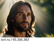 Portrait of a Man Dressed as Jesus. White robe. Long brown hair and beard. Man appears to be in his early 30s, and he has a serious expression on his face. Christian religion and faith. AI. Стоковое AI-изображение, AI-художник Юлия Петровская / Фотобанк Лори