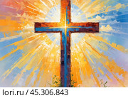 A stunning sunset illuminates a large wooden cross, radiating colorful rays of light. In the distance, a quaint chapel completes this serene rural landscape. A radiant sun shining through a cross. AI. Стоковое AI-изображение, AI-художник Юлия Петровская / Фотобанк Лори