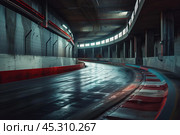 Empty indoor karting track winding through an industrial building. Стоковое AI-изображение, AI-художник Иван Рябоконь / Фотобанк Лори