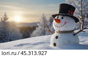 Winter. Happy New Year and Merry Christmas. Funny snowmen on a blurry winter background. The atmosphere of a New Year's holiday. Стоковое AI-изображение, AI-художник Photojuli / Фотобанк Лори