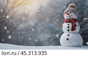 Winter. Happy New Year and Merry Christmas. Funny snowmen on a blurry winter background. The atmosphere of a New Year's holiday. Стоковое AI-изображение, AI-художник Photojuli / Фотобанк Лори
