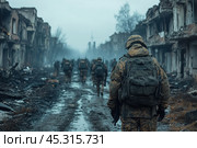 Soldiers moving through a ruined city shrouded in fog and smoke. The soldiers are equipped with camouflage uniforms, backpacks and weapons. A gloomy scene that conveys the atmosphere of war, destruction and the difficult conditions the soldiers are in. The burnt buildings and the dark, muddy path emphasize the harshness of the situation. This photo conveys the tension and resilience of people in extreme conditions. Стоковое AI-изображение, AI-художник Анна Кривицкая / Фотобанк Лори
