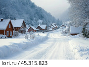 A calm winter landscape of a small village with wooden houses covered in a thick layer of snow. A winding road covered in snow leads through the village, surrounded by forest, and disappears into the distance. Houses are located along the road, their bright facades contrast beautifully with the whiteness of the winter landscape. Trees and roofs of buildings are covered with frost, adding a sense of silence and coziness to the scene. Soft light and light fog in the distance emphasize the atmosphere of winter calm and beauty of nature. Стоковое AI-изображение, AI-художник Анна Кривицкая / Фотобанк Лори