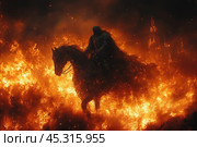 A mysterious horseman in armor riding a horse through raging flames. The figures of the horseman and horse are shrouded in thick smoke, and the fire illuminates them, creating an atmosphere of drama and mystery. The composition of the photograph is filled with bright fiery shades and contrasting shadows, which enhances the feeling of epicness. This image is reminiscent of legends and myths associated with warriors and otherworldly forces. Стоковое AI-изображение, AI-художник Анна Кривицкая / Фотобанк Лори
