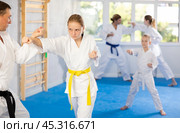 Teen girl is paired with male teacher to learn how to strike and rehearses blocking opponent. Стоковое фото, фотограф Яков Филимонов / Фотобанк Лори