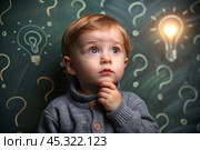 Development and education of children. A thoughtful boy on a dark background with a light bulb and question marks . Brainstorming and the concept of an idea. Стоковое AI-изображение, AI-художник Photojuli / Фотобанк Лори