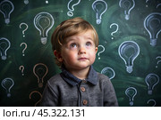 Development and education of children. A thoughtful boy on a dark background with a light bulb and question marks . Brainstorming and the concept of an idea. Стоковое AI-изображение, AI-художник Photojuli / Фотобанк Лори