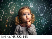 Development and education of children. A thoughtful girls on a dark background with a light bulb and question marks . Brainstorming and the concept of an idea. Стоковое AI-изображение, AI-художник Photojuli / Фотобанк Лори