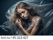 The girl is wrapped in cellophane or a bag. The girl is suffocating. Plastic pollution of the planet. Environmental hazard. Reducing the reuse of plastic. Recycling. The concept of garbage. Стоковое AI-изображение, AI-художник Photojuli / Фотобанк Лори