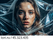 The girl is wrapped in cellophane or a bag. The girl is suffocating. Plastic pollution of the planet. Environmental hazard. Reducing the reuse of plastic. Recycling. The concept of garbage. Стоковое AI-изображение, AI-художник Photojuli / Фотобанк Лори