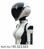 Futuristic astronaut woman posing in white space suit and helmet looking left. Стоковое AI-изображение, AI-художник Иван Рябоконь / Фотобанк Лори