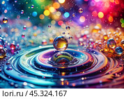 Abstract background. A bright colorful whirlpool of multicolored paints, splash, splash. Bubbles and drops of water. Стоковое AI-изображение, AI-художник Photojuli / Фотобанк Лори