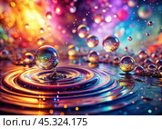 Abstract background. A bright colorful whirlpool of multicolored paints, splash, splash. Bubbles and drops of water. Стоковое AI-изображение, AI-художник Photojuli / Фотобанк Лори